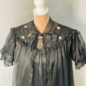 Vintage 60's Snowden Double Layer Nylon Chiffon Peignor Set Rosette Applique S